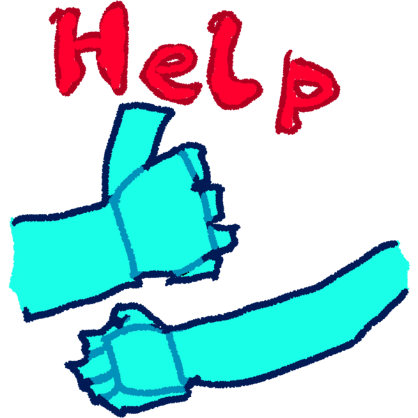 Two Cyan hands doing doing the help ASL sign, with red text above it that says help